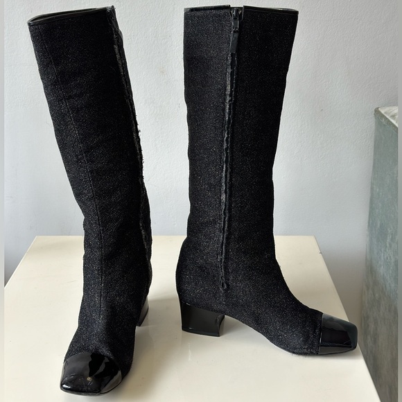 CHANEL Fall 2017 Runway Black Sparkle High Boots Size 37 - Picture 7 of 12